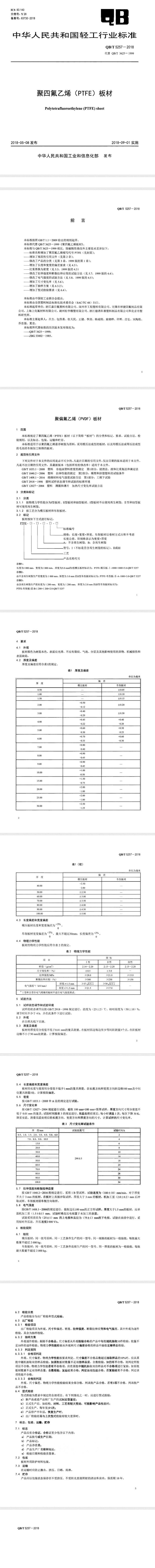 聚四氟乙烯板QB/T 5257-2018標(biāo)準(zhǔn)